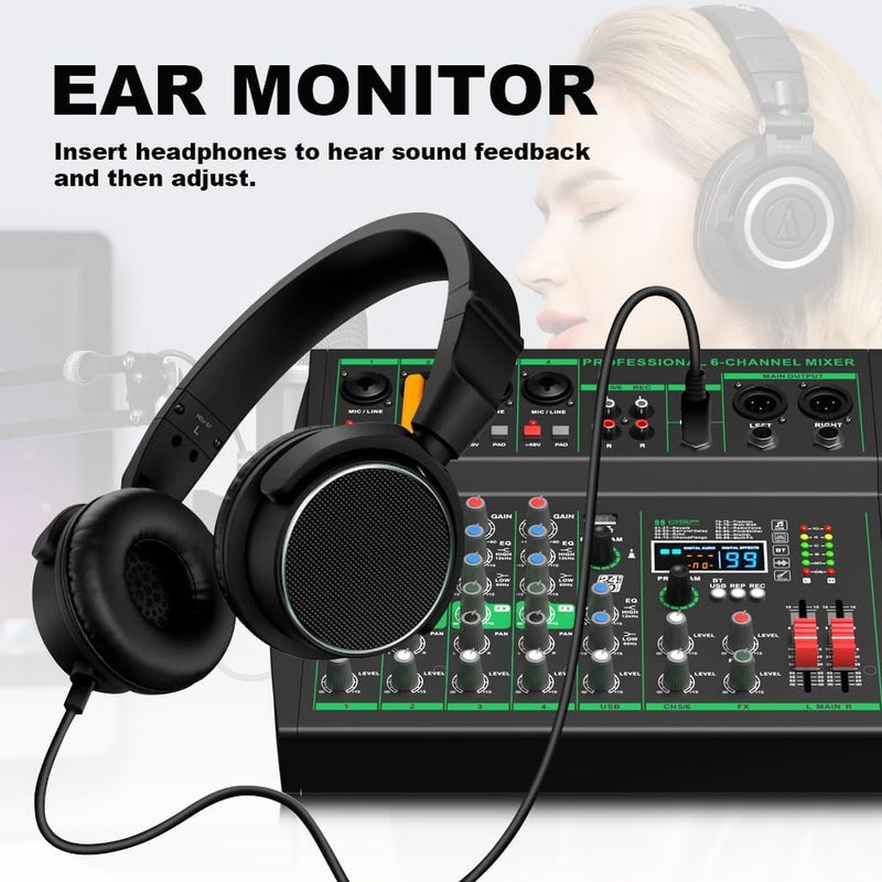 Yamnweo MW-6 black 6-Channel Professional DJ Audio Mixer Portable Controller Mixer with DSP 99 Preset Effects for Live Streaming, Podcasting, Home Party - Image 5